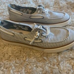 Tommy Bahama Blue and White Striped Boat Shoes